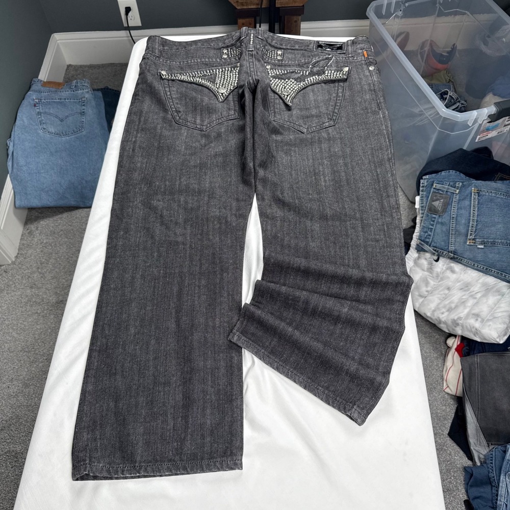 Robins Jean Mens Gray Studded Crystal Wing Straight Leg Denim Jeans Size 44x30